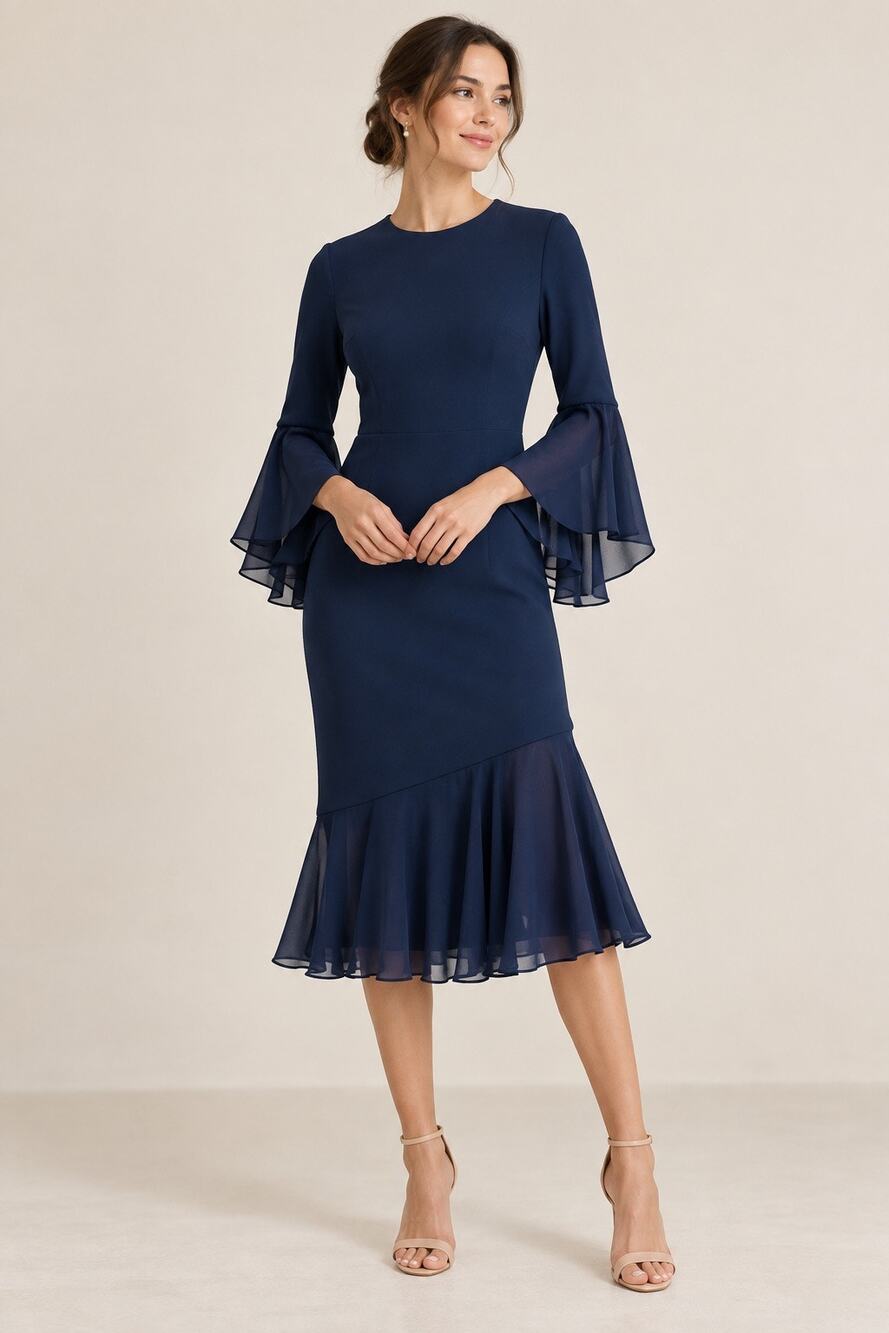 Teri Jon Rickie Freeman Navy Blue Bell Sleeve Ruffle Hem Midi Sheath Dress Sz 8